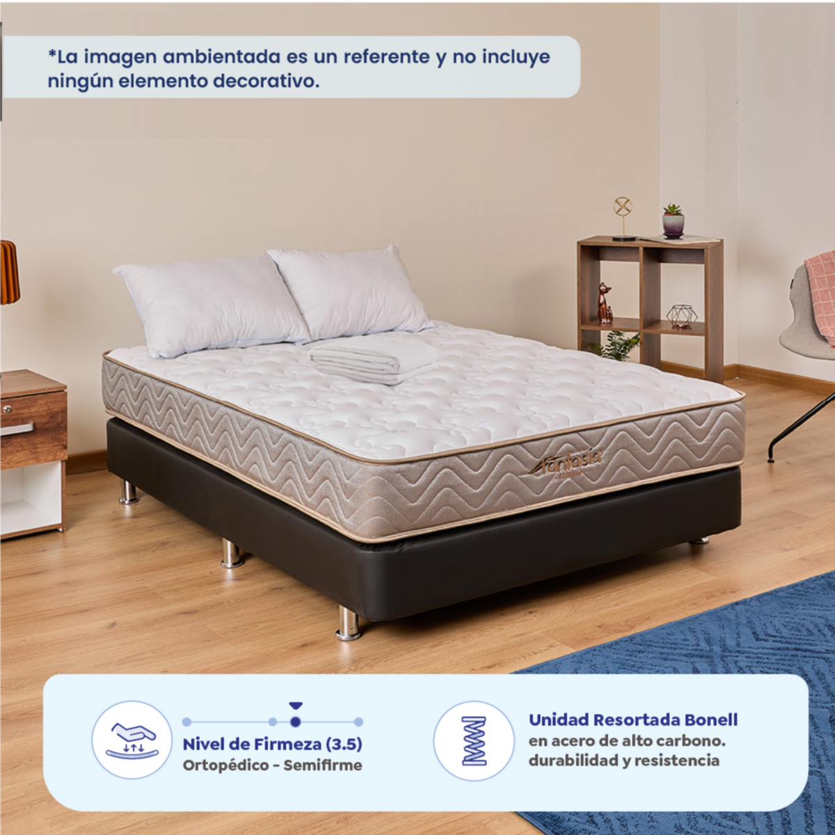 Combo Colchón Litium 140X190 Cm + Base Cama Tipo Cuero Negro + Almohada Economica + Protector Damasco  Marca Fantasía