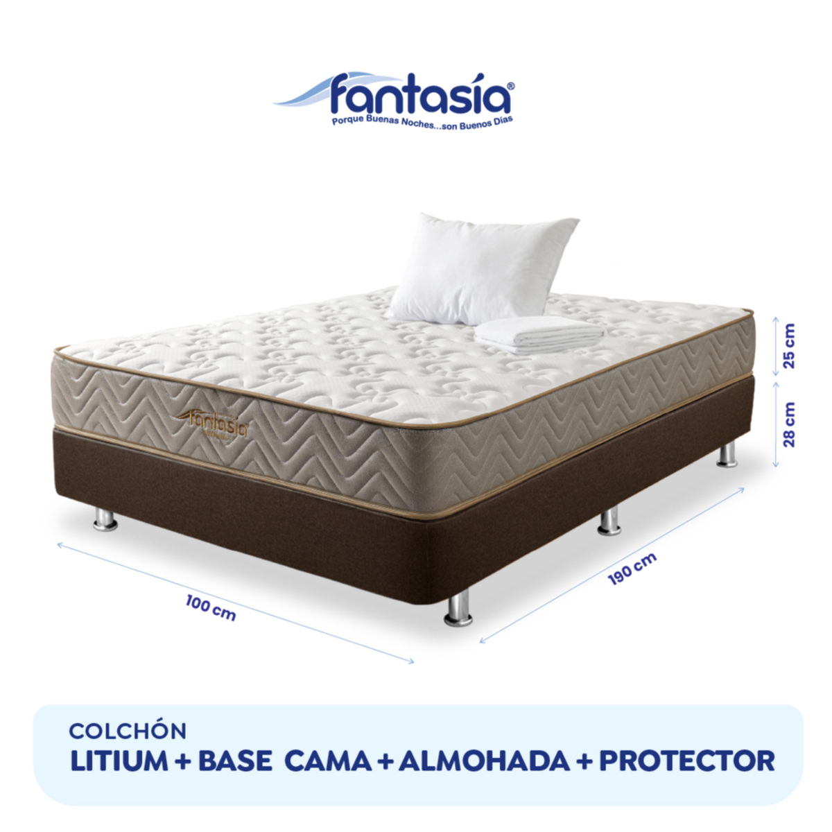 Combo Colchón Litium 100X190 Cm + Base Cama Lino Cafe + Almohada Economica + Protector Damasco Marca Fantasía
