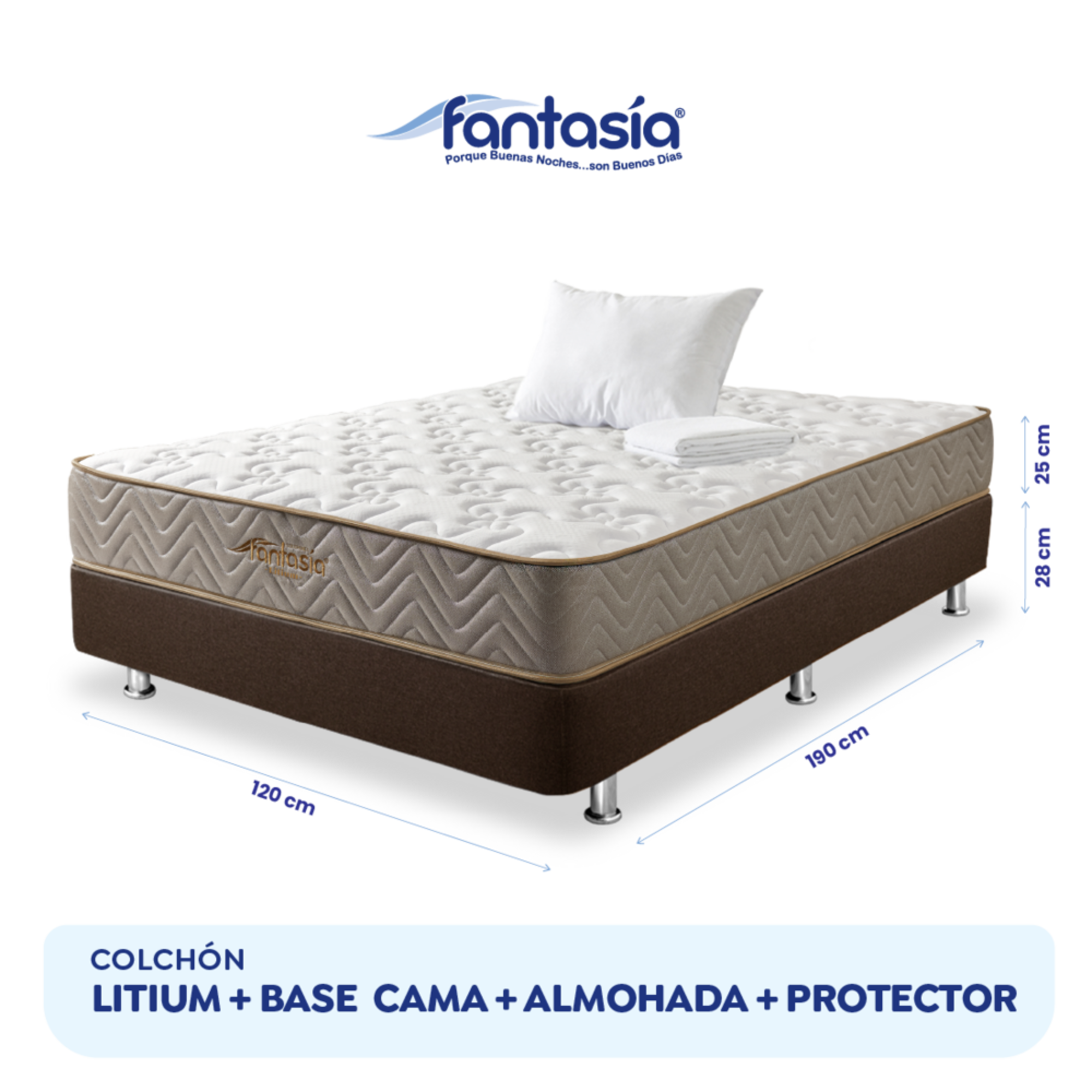 Combo Colchón Litium 120X190 Cm + Base Cama Lino Cafe + Almohada Economica + Protector Damasco Marca Fantasía