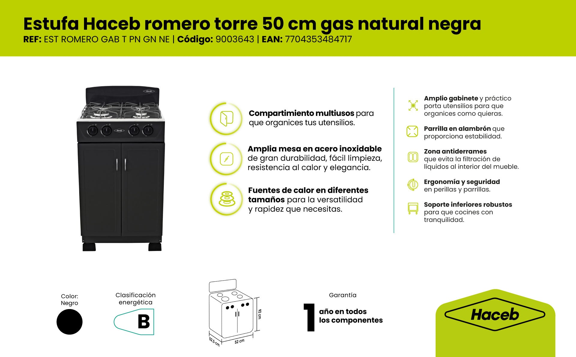 Estufa Con Gabinete Torre Gas Natural Haceb, Negra 50 cm