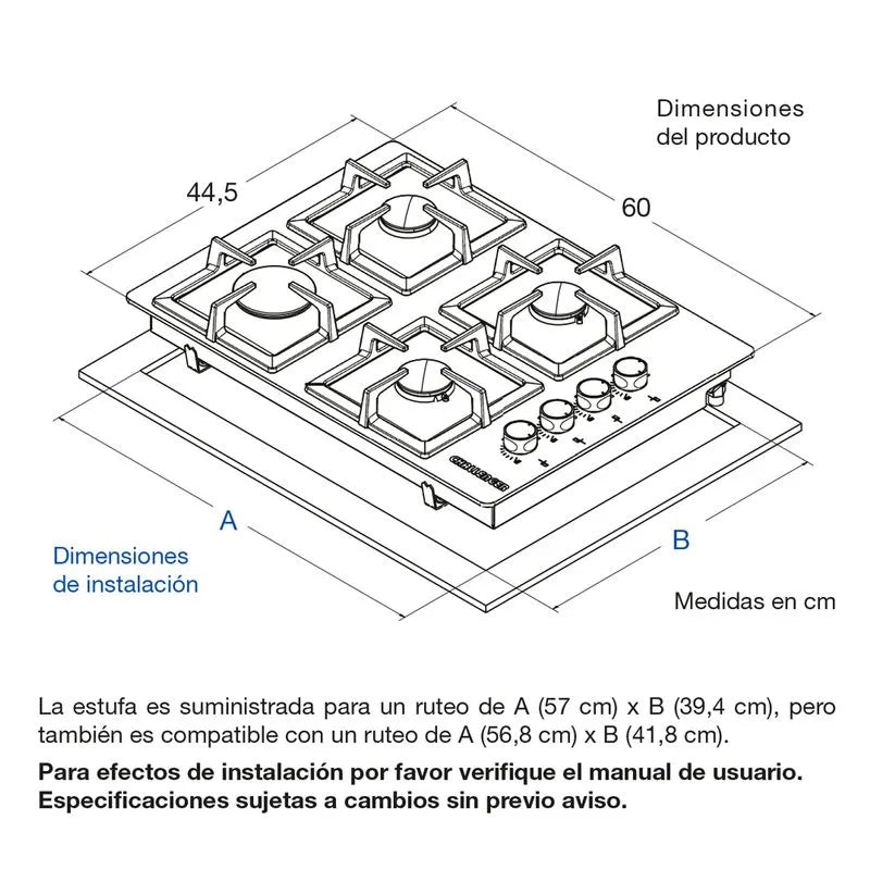 Estufa Empotrar Vidrio Negro 4 Puestos 60cm Gas Natural Challenger Sq6759