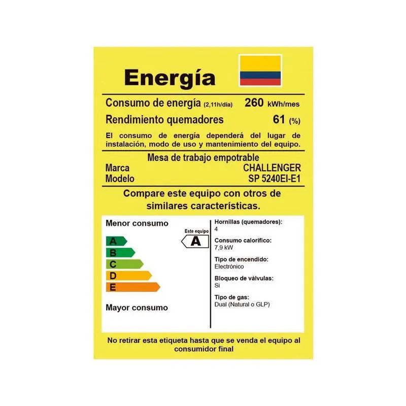 Estufa Empotrar Inox 4 Puestos 52cm Gas Natural Challenger Sp5240