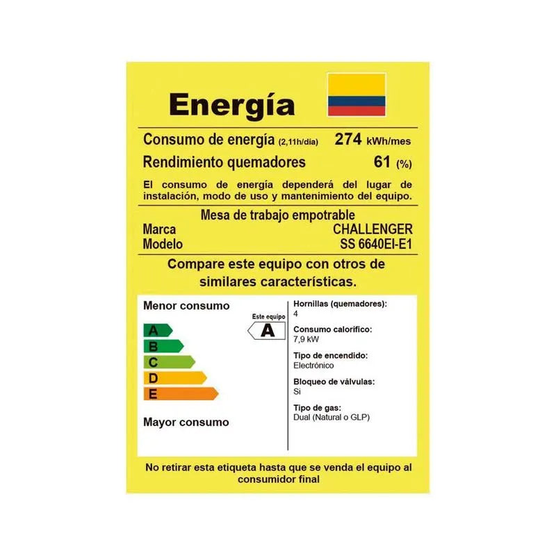 Estufa Empotrar Inox 4 Puestos 65cm Gas Natural Challenger Ss6640