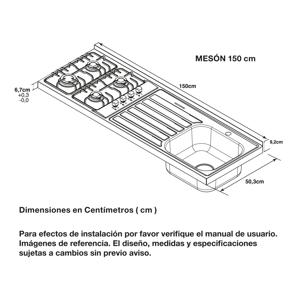 Mesón En Acero Inoxidable Challenger, Lavaplatos Derecho de 150 cm
