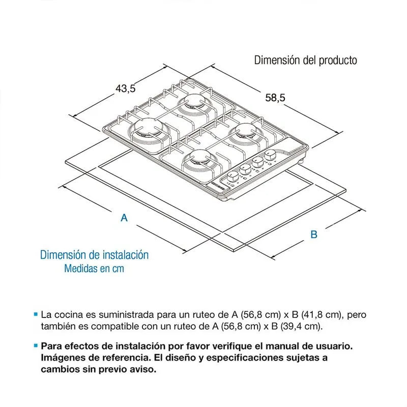 Estufa Empotrar Inox 4 Puestos 58.5cm Gas Natural Challenger Sp6043