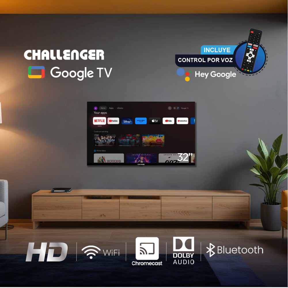 Televisor 32 Pulgadas Google TV Challenger, Color Negro