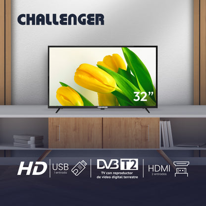 Televisor 32 Pulgadas LED Challenger, Color Negro