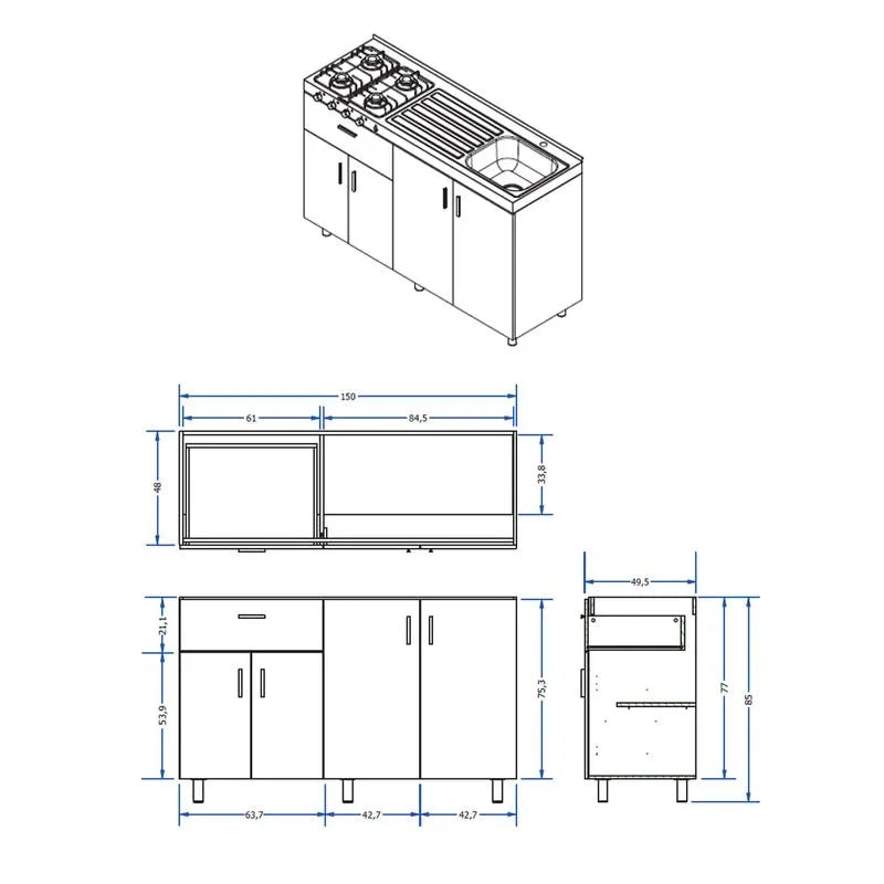 Mueble Base Para Cocina 150cm 1 Cajón 4 Puertas Challenger Sa23150 Nola