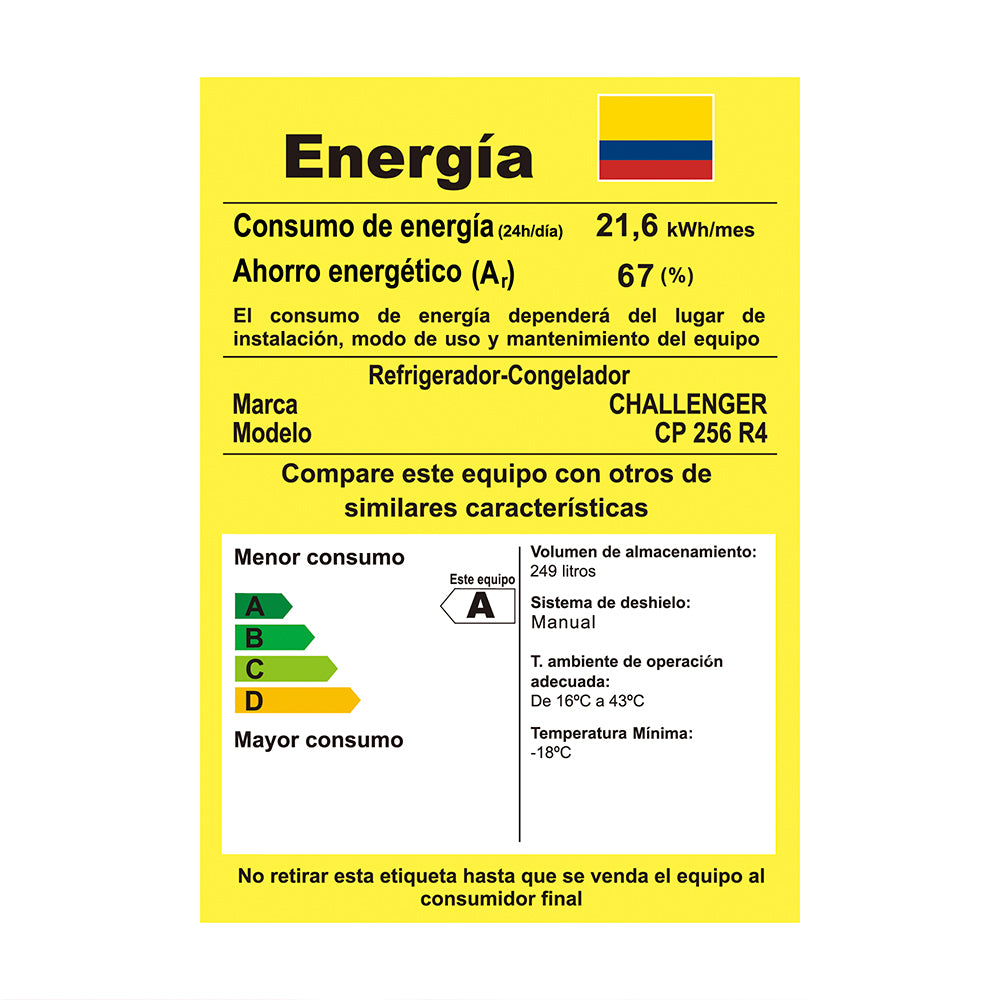 Nevera Panelable Inverter CP 256 Litros Brutos Challenger