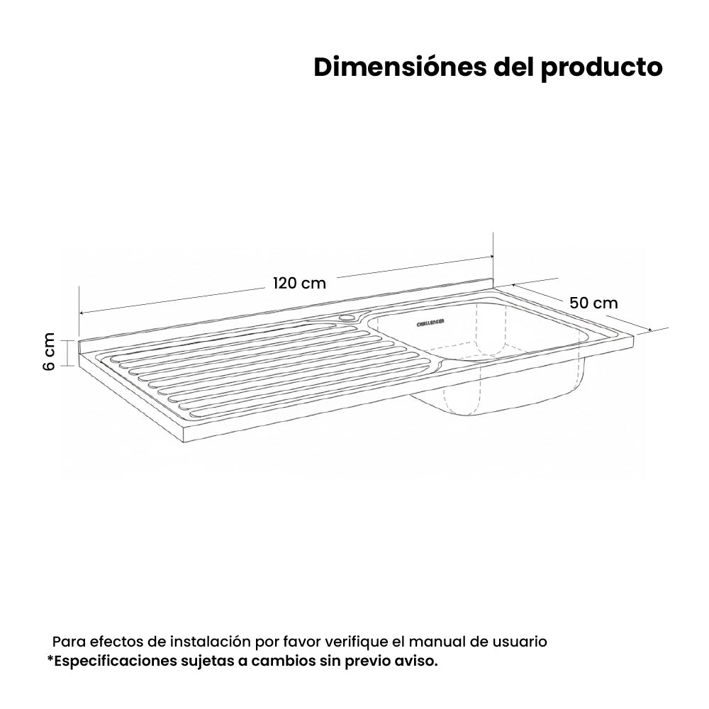 Mesón Poceta Challenger Derecho, 1,20/POC, Acero Inoxidable