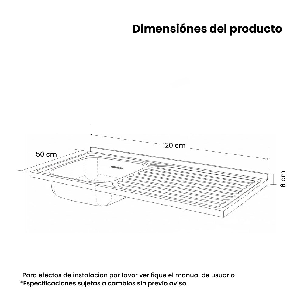 Mesón Poceta Challenger Izquiero, 1,20/POC, Acero Inoxidable