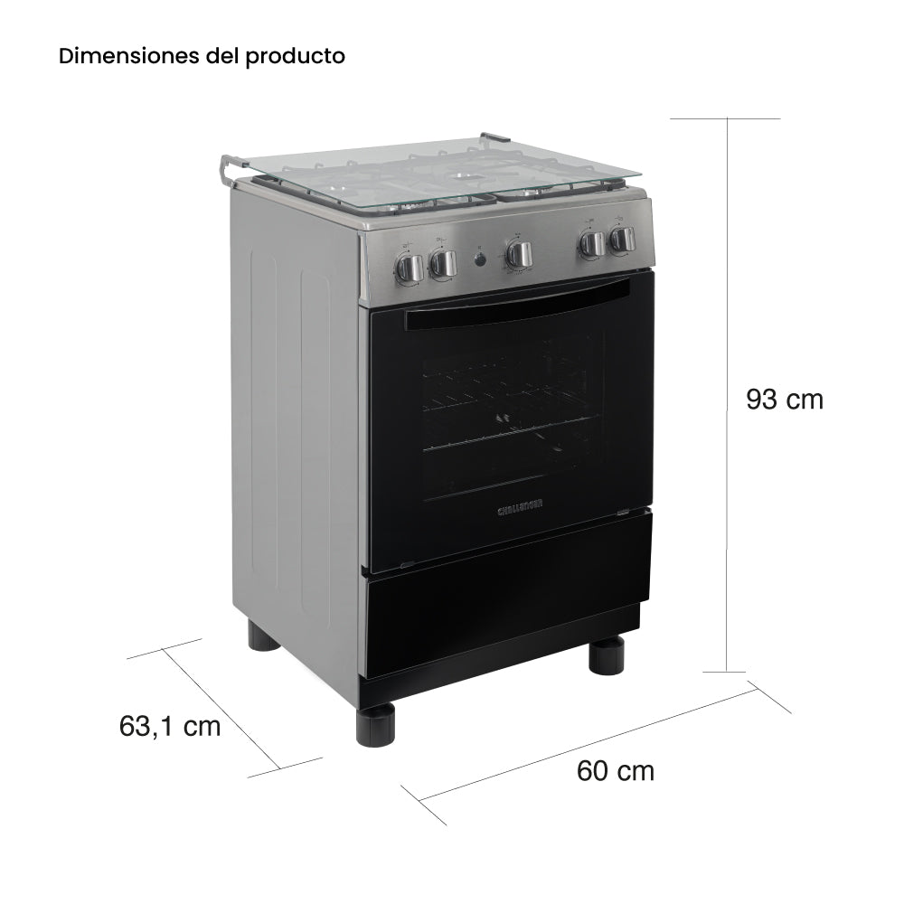 Estufa De Piso 60 cm a Gas Natural Con Horno En Acero inox, Negro
