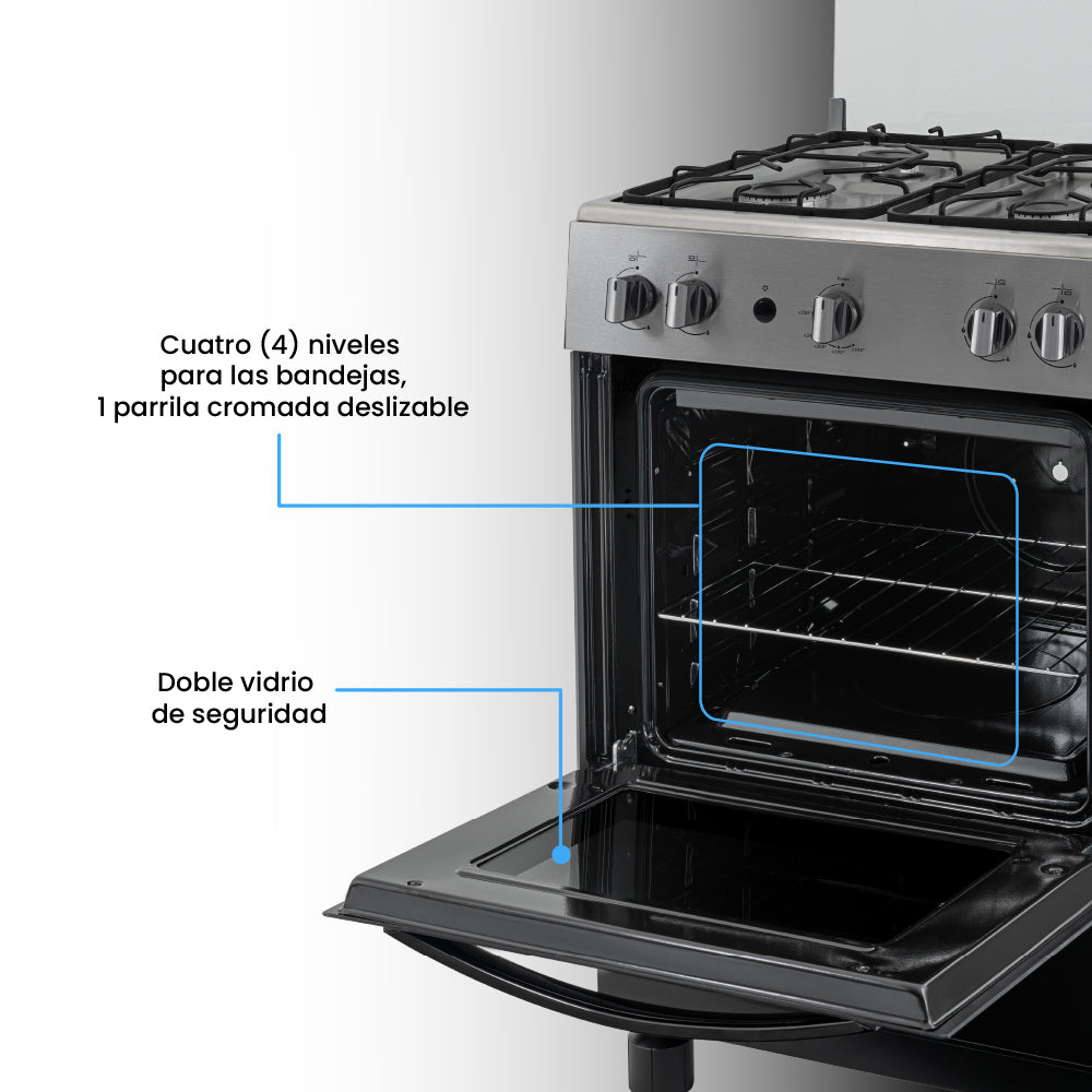 Estufa De Piso 60 cm a Gas Natural Con Horno En Acero inox, Negro