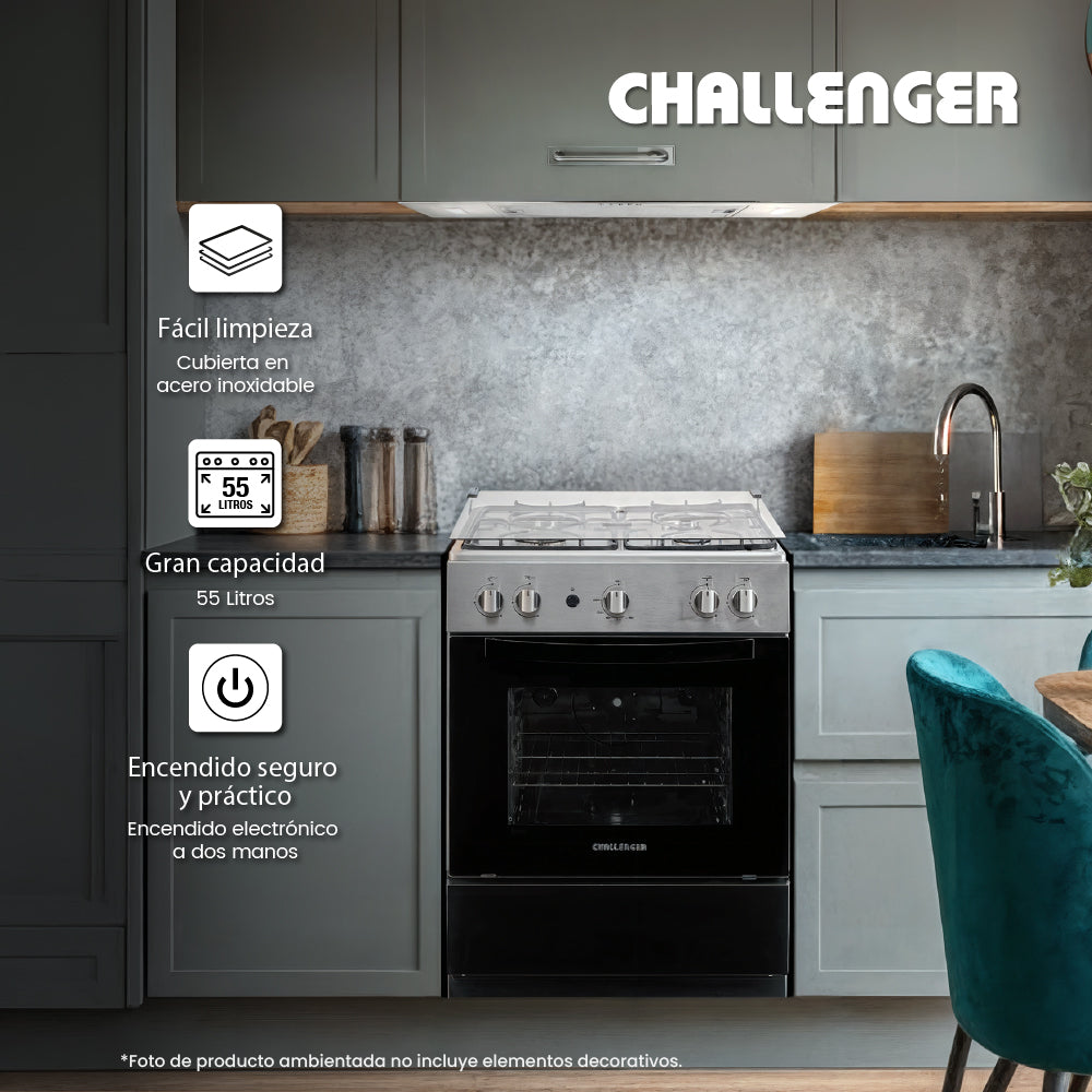 Estufa De Piso 60 cm a Gas Propano Con Horno En Acero inox, Negro