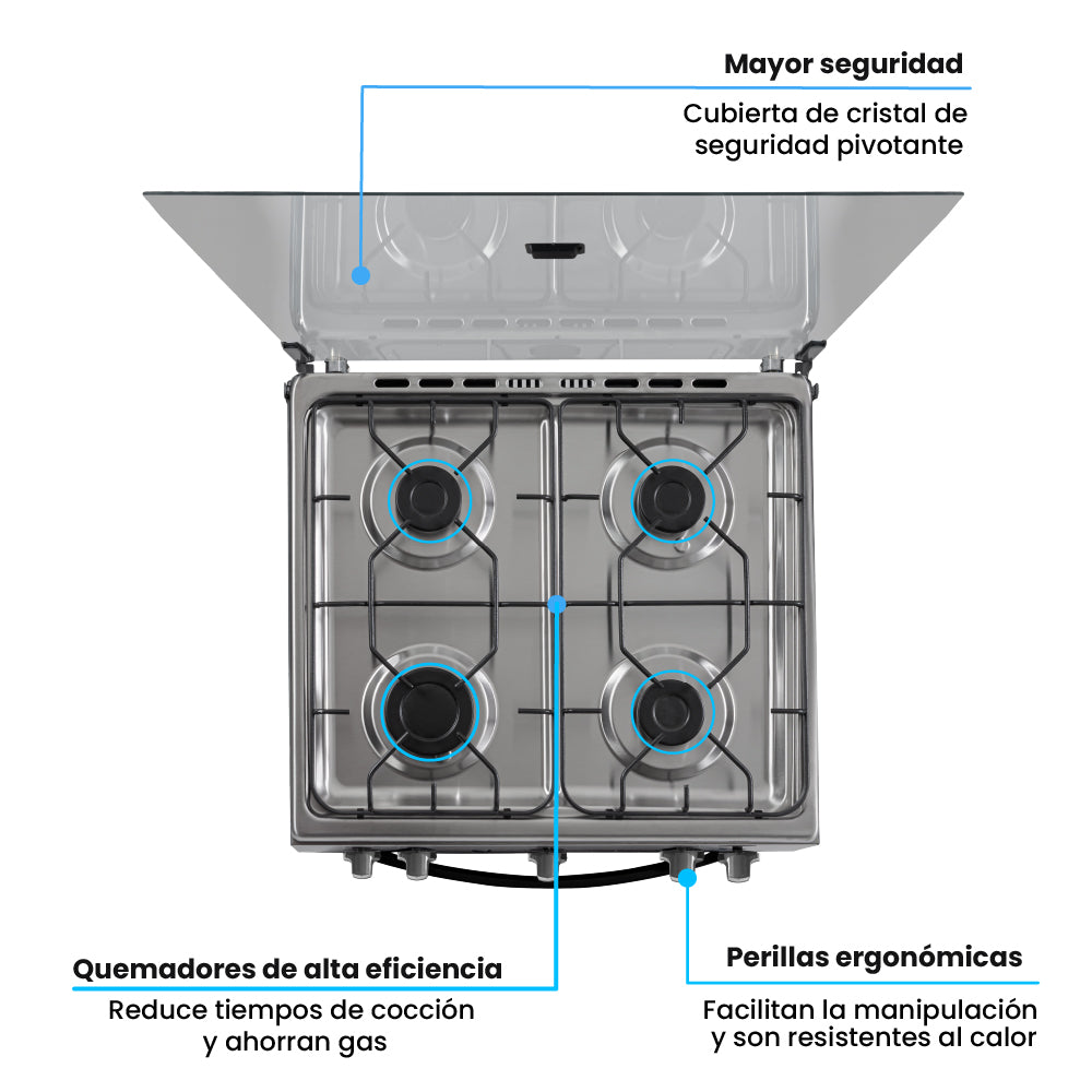 Estufa De Piso 60 cm a Gas Propano Con Horno En Acero inox, Negro