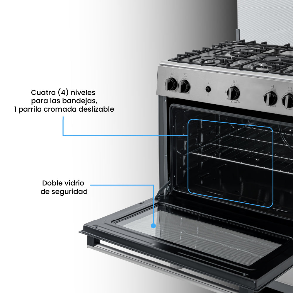 Estufa De Piso 76 cm a Gas Natural Con Horno En Acero inox, Negro