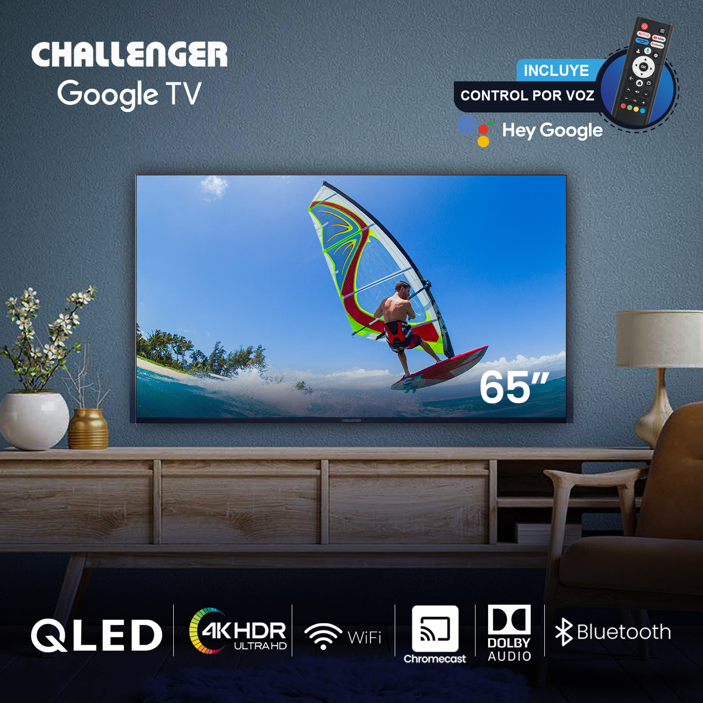 Televisor QLED 65" Google TV, Incluye Soporte De Pared