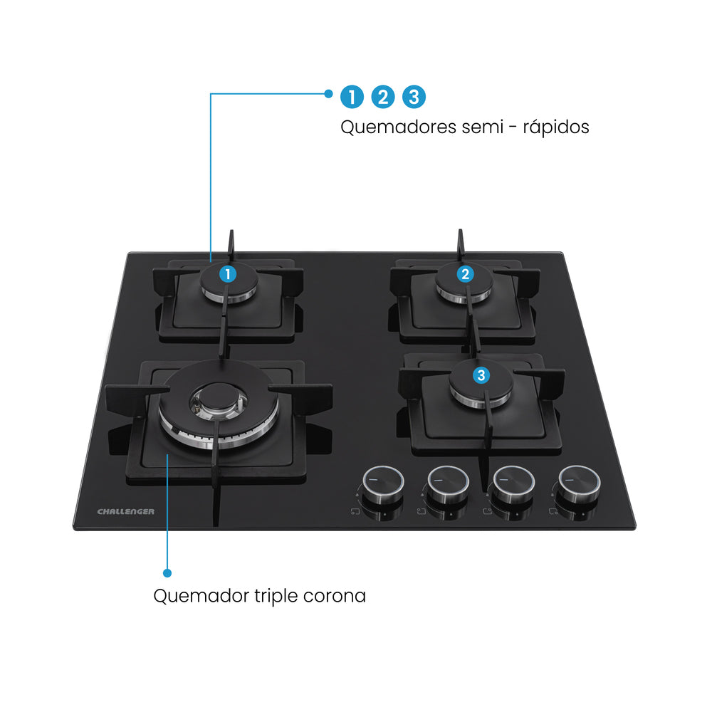 Estufa de Empotrar Challenger Aura Gas Natural, Negro