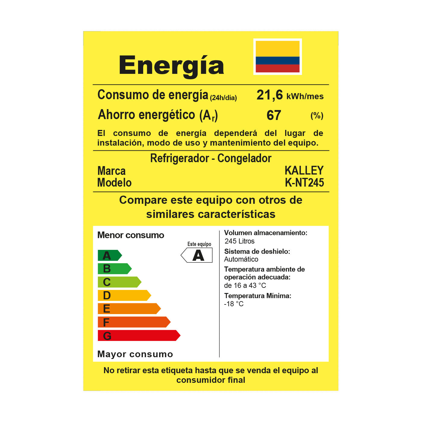 Nevera Kalley No Frost Congelador Superior 245 Litros, Gris