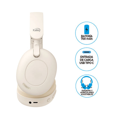 Audífonos De Diadema Kalley Inalámbricos Bluetooth Over Ear K-Ac2 Cancelación De Ruido, Crema