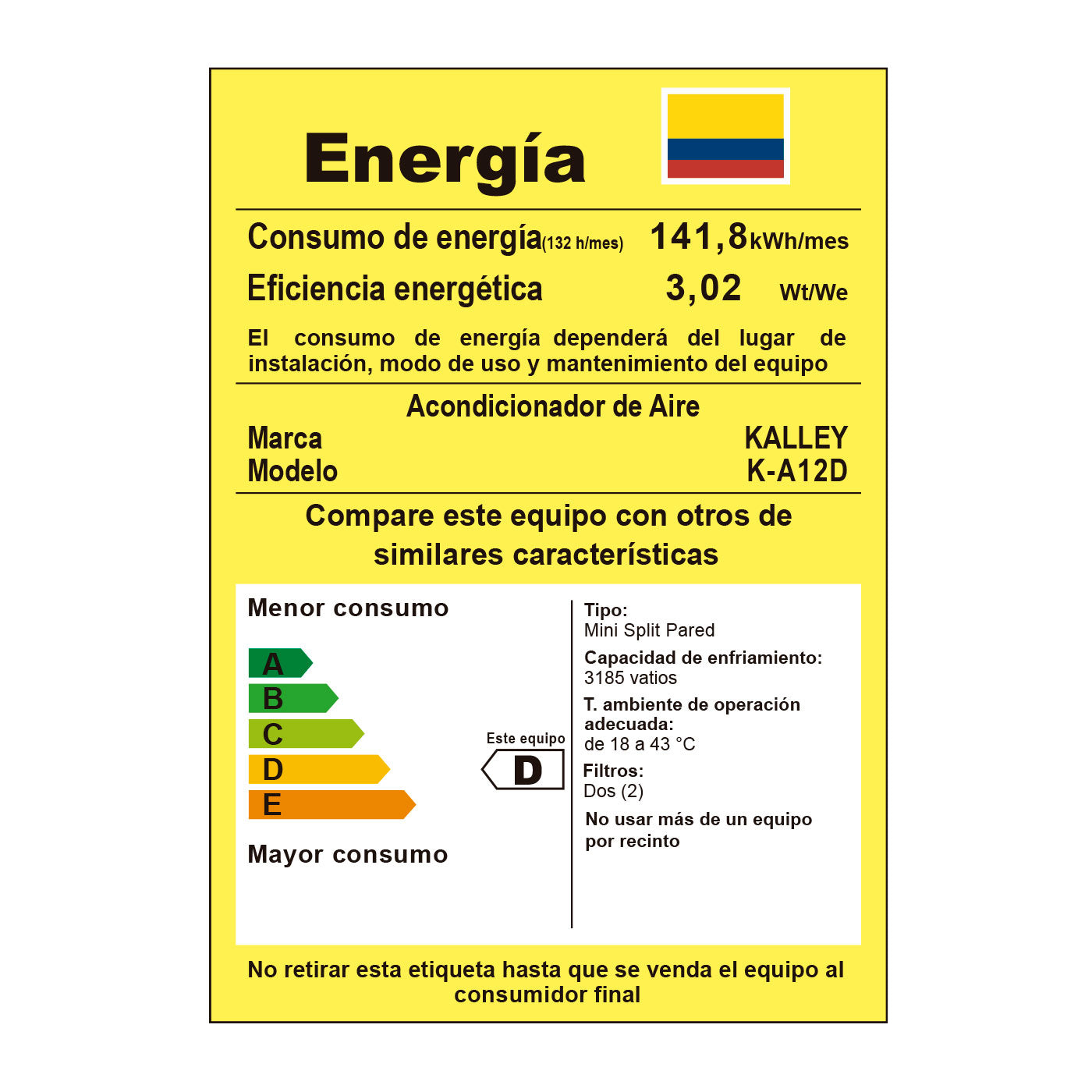 Aire acondicionado KALLEY 12.000BTU Tipo Split Inverter 115V K-A12D Blanco