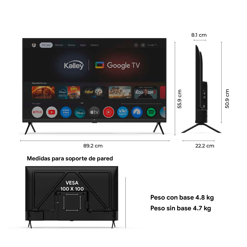 Televisor Kalley 40" Pulgadas 40GQ200 FHD QLED, Negro