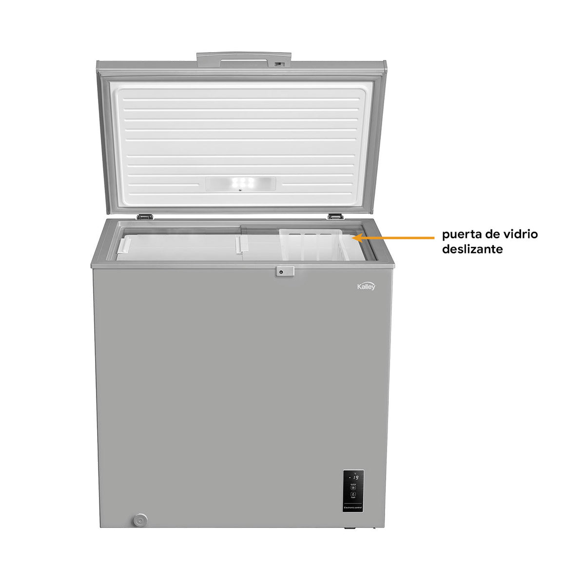 Congelador Horizontal Kalley 194Lt Control Digital y Puerta Deslizante De Vidrio, Gris