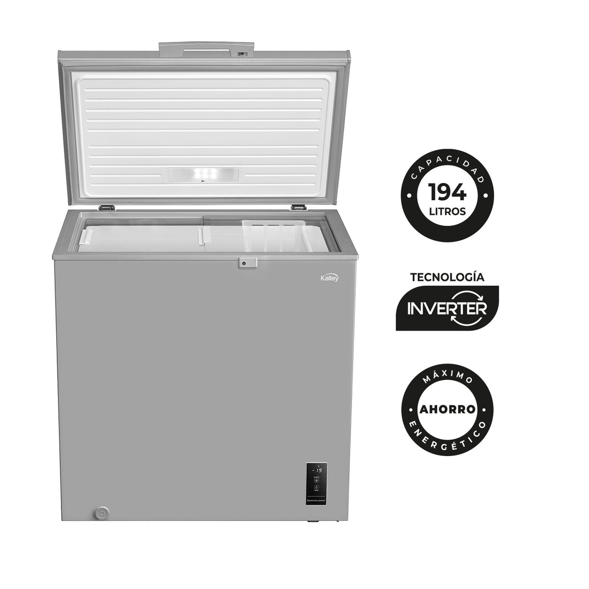 Congelador Horizontal Kalley 194Lt Control Digital y Puerta Deslizante De Vidrio, Gris