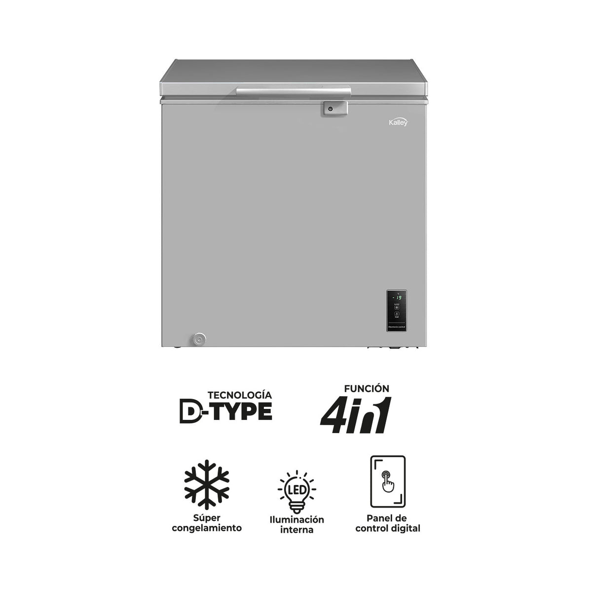 Congelador Horizontal Kalley 194Lt Control Digital y Puerta Deslizante De Vidrio, Gris