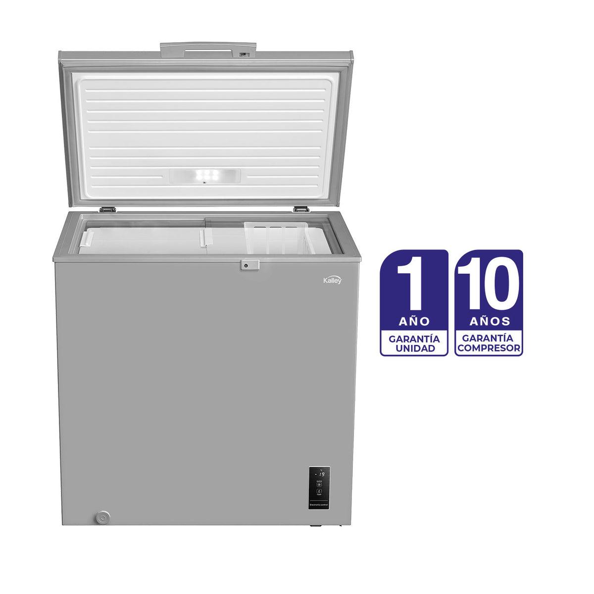 Congelador Horizontal Kalley 194Lt Control Digital y Puerta Deslizante De Vidrio, Gris