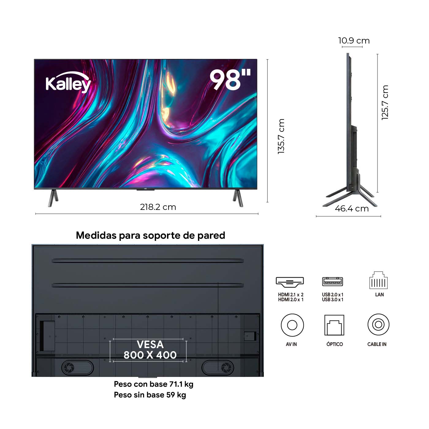 Televisor Kalley 98 Pulgadas QLED Gaming 4KUHD Miniled Smart TV Google, Negro