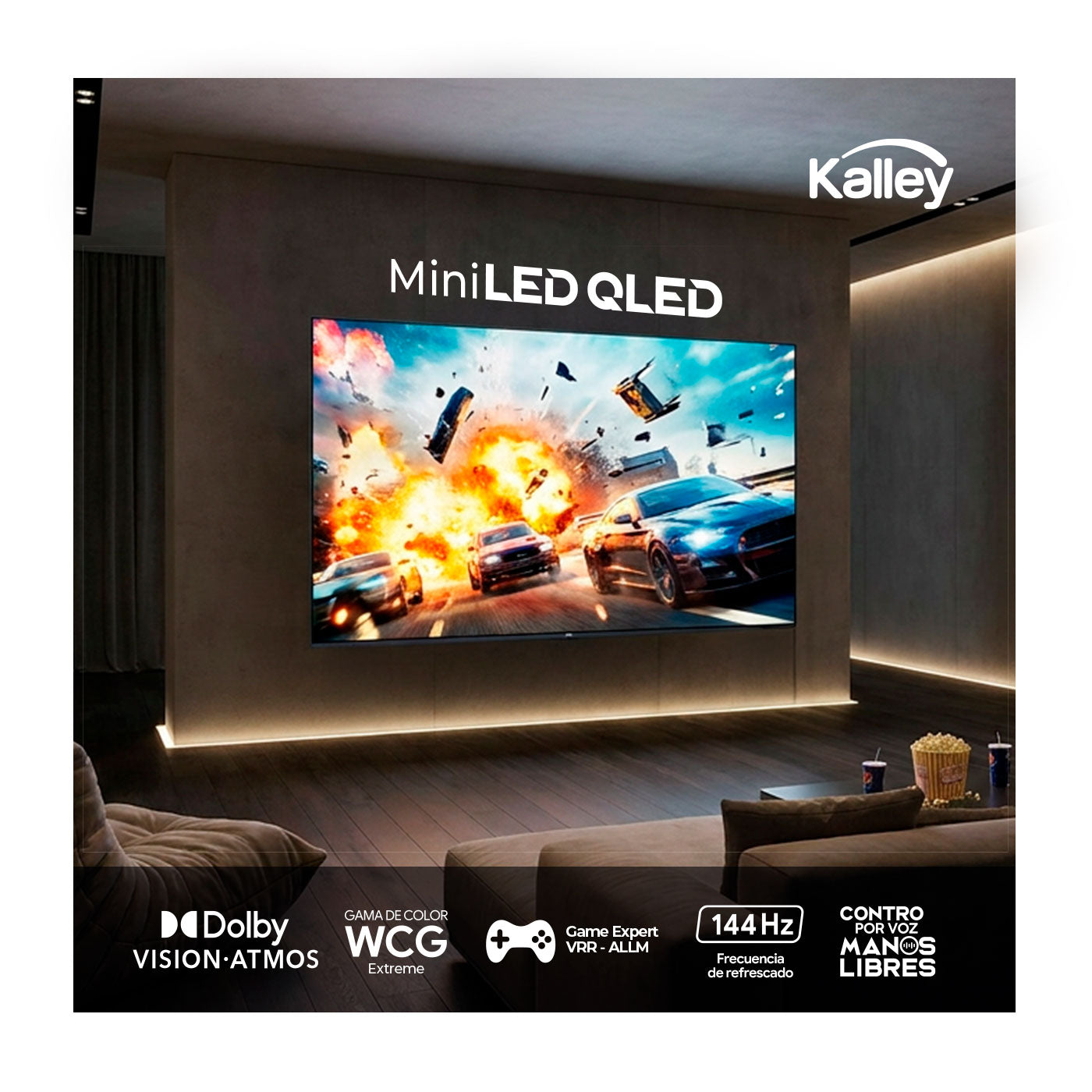 Televisor Kalley 98 Pulgadas QLED Gaming 4KUHD Miniled Smart TV Google, Negro