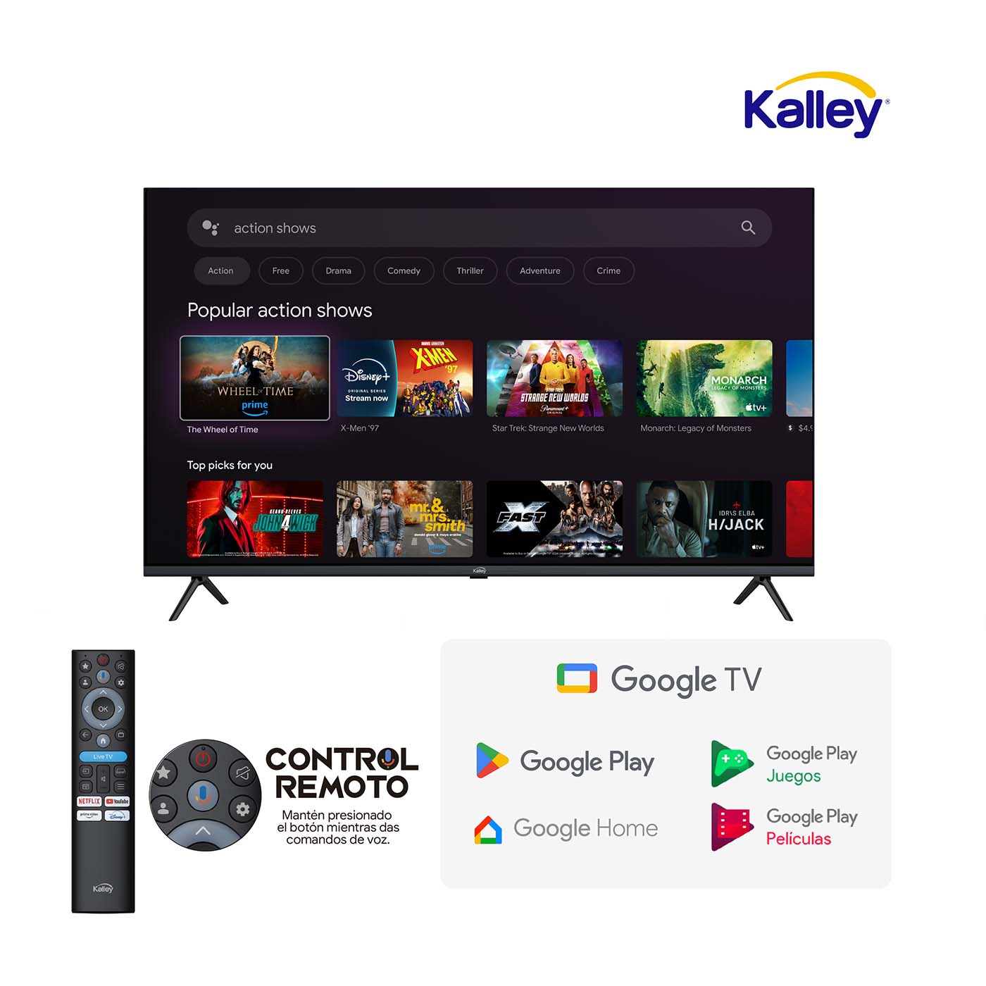 Televisor Kalley 55 Pulgadas Max Led 4K-UHD Smart TV Google 55G315A, Negro