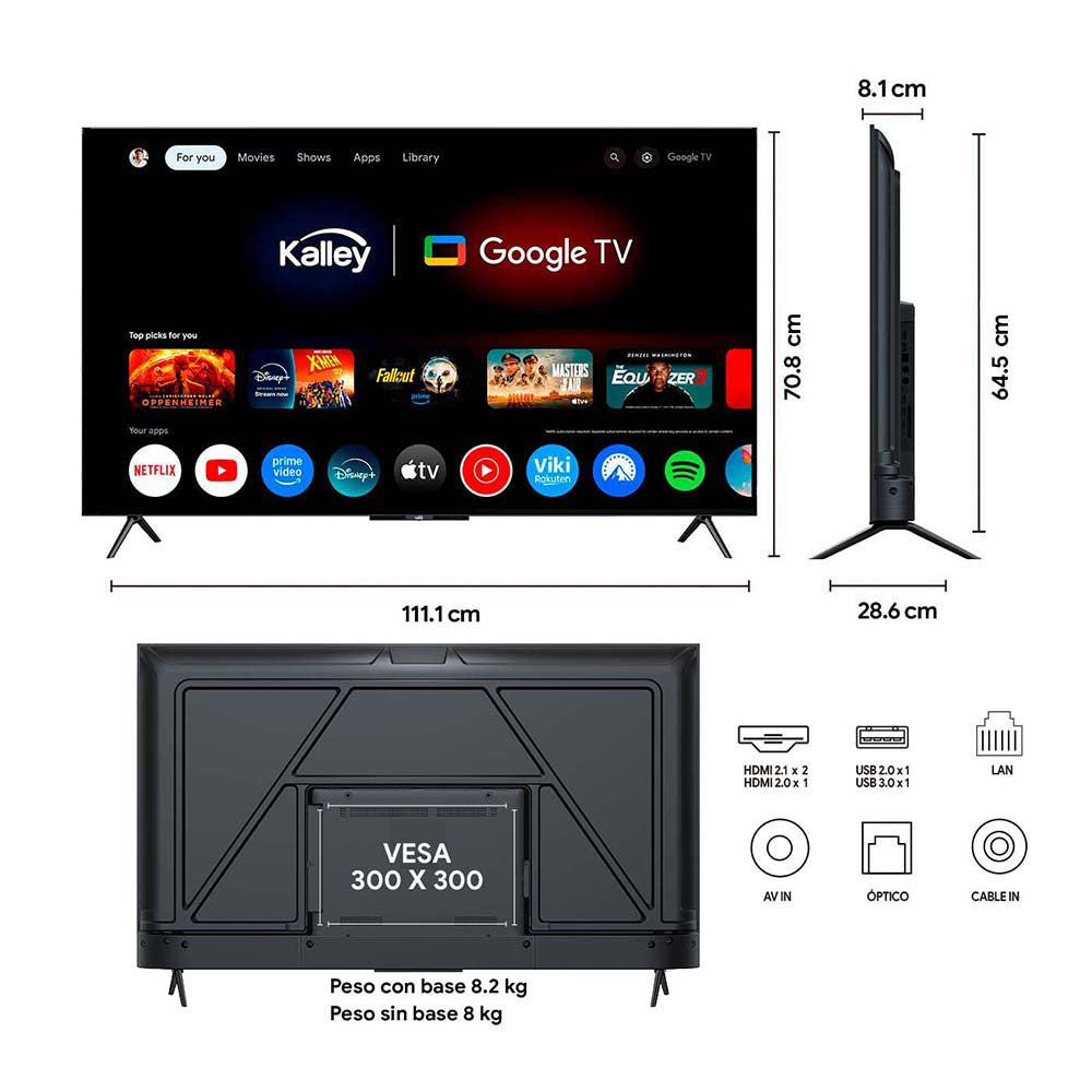 Televisor Kalley 50 pulgadas QLED 4K-UHD Smart TV Google 50GQ405A, Negro