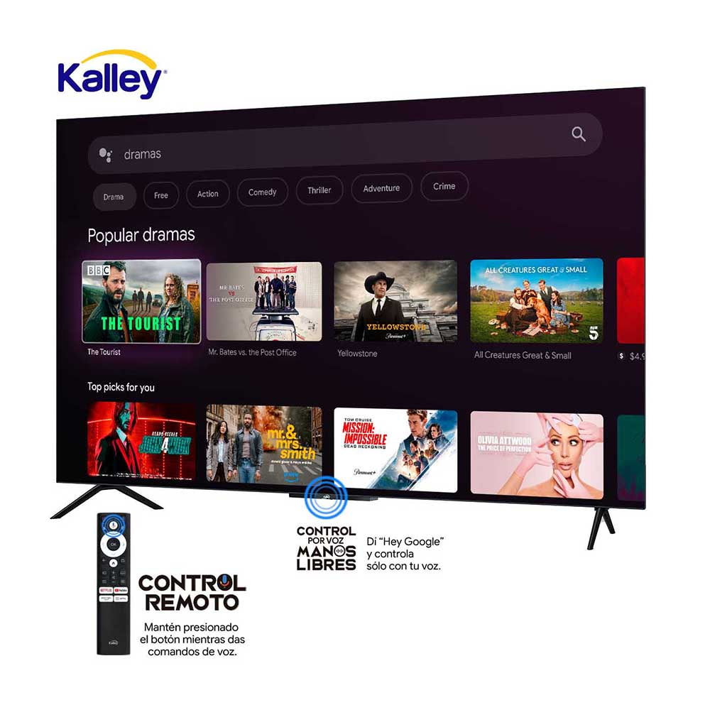 Televisor Kalley 50 pulgadas QLED 4K-UHD Smart TV Google 50GQ405A, Negro