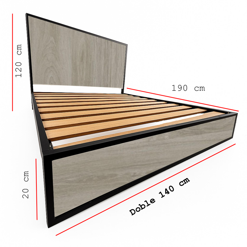 Cama Doble Metal Madera Agata Gris Oscuro 140 x 190 x 24