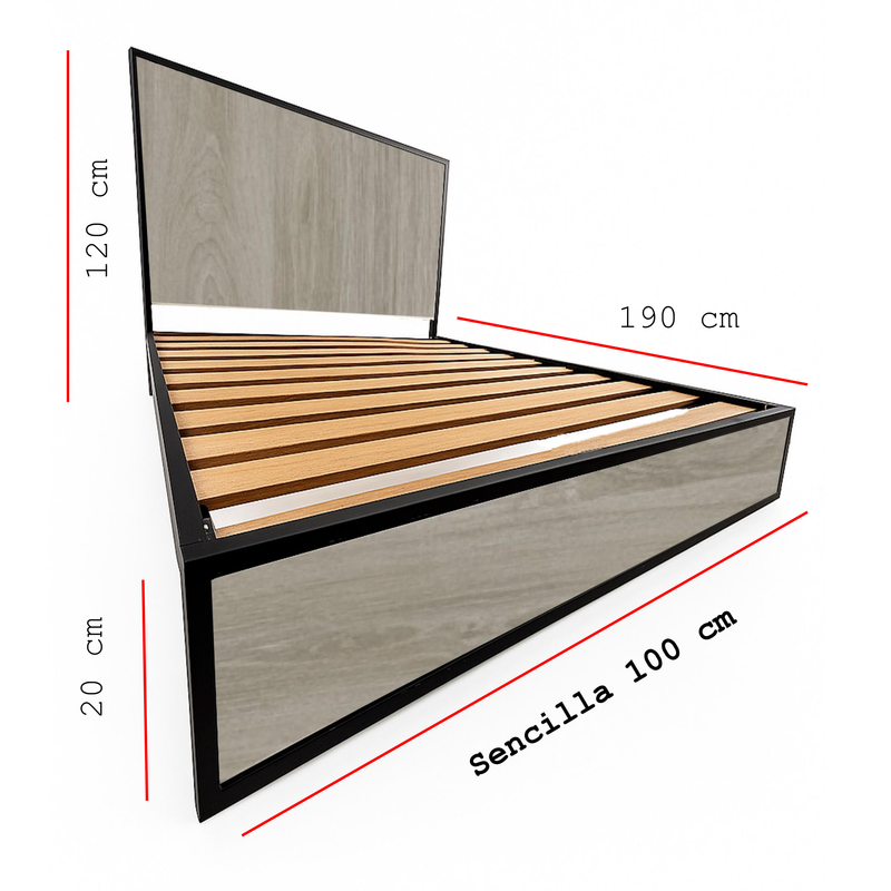 Cama Sencilla Metal Madera Agata Gris Oscuro 100 x 190 x 24