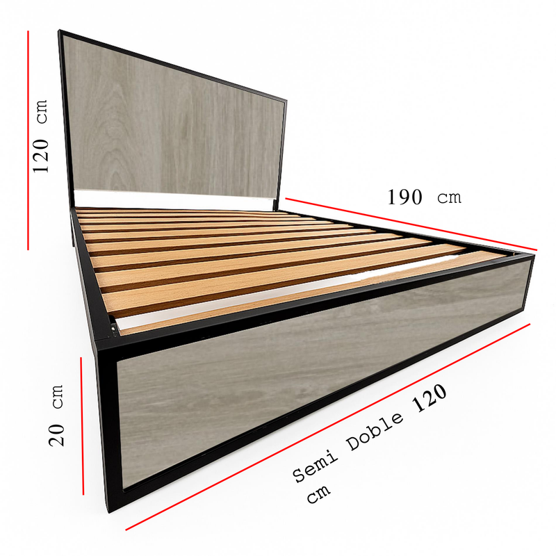 Cama Semidoble Metal Madera Agata Gris Oscuro 120 x 190 x 24