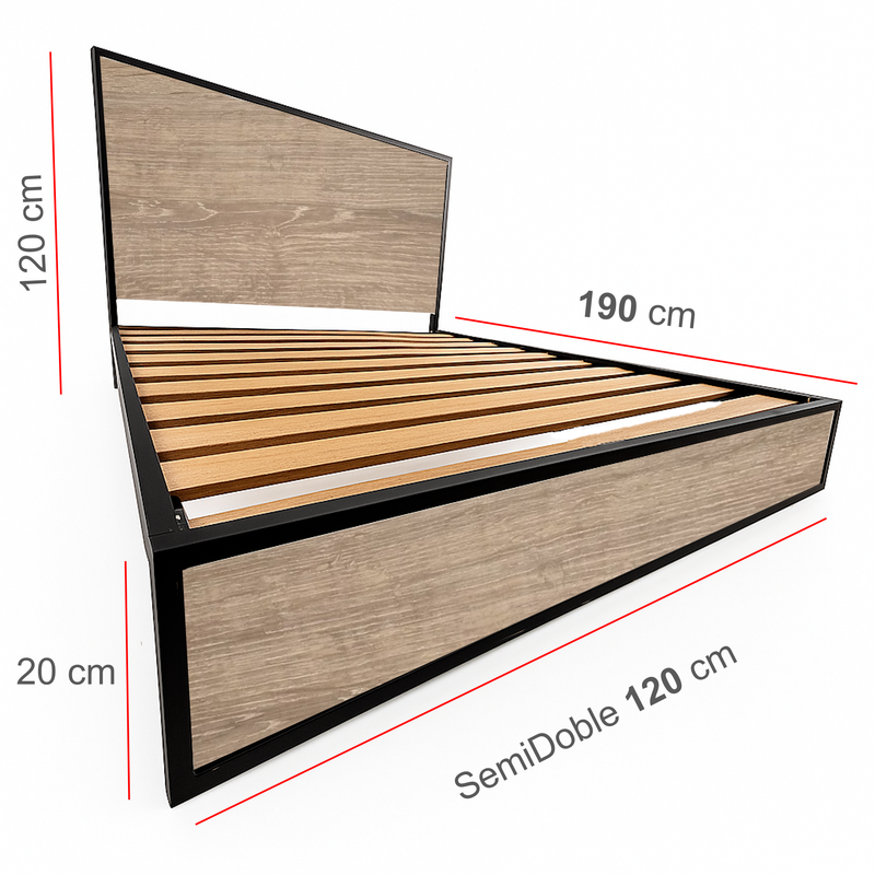 Cama Semidoble Metal Madera Agata Cafe 120 x 190 x 24