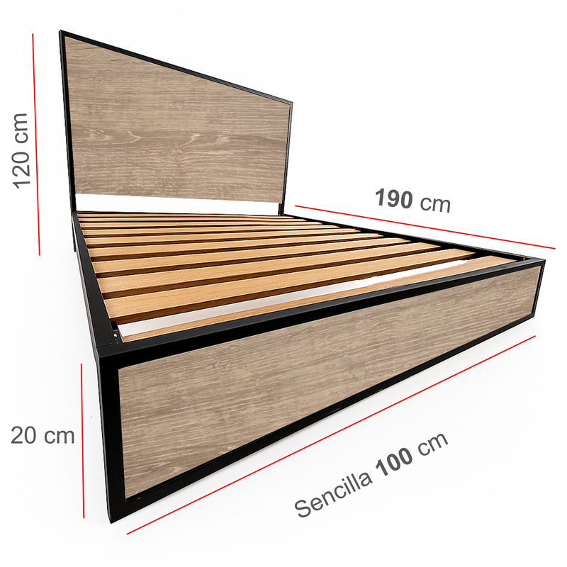 Cama Sencilla Metal Madera Agata Cafe 100 x 190 x 24