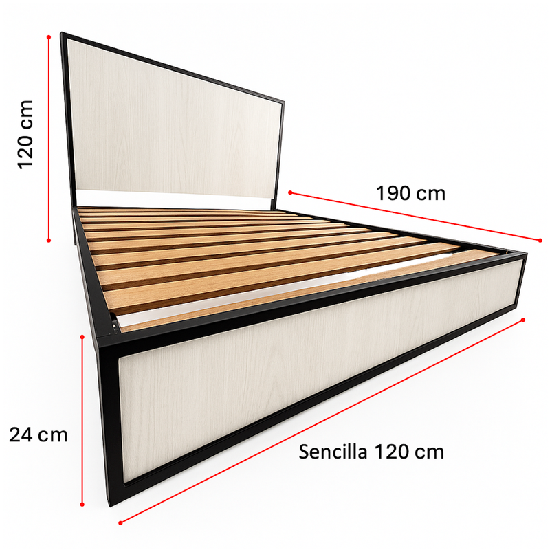 Cama Semidoble Metal Madera Agata Gris 120 x 190 x 24