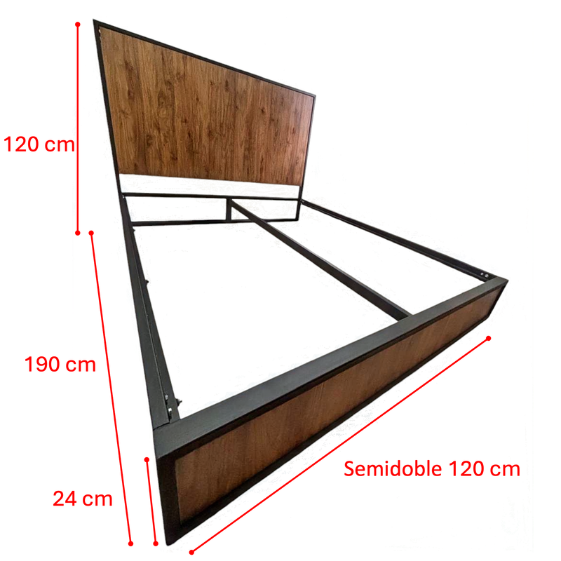 Cama Semidoble Metal Madera Agata Cafe Oscuro 120 x 190 x 24