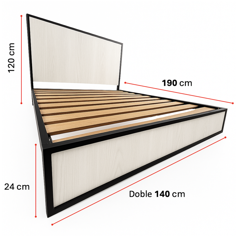 Cama Doble Metal Madera Agata Gris 140 x 190 x 24