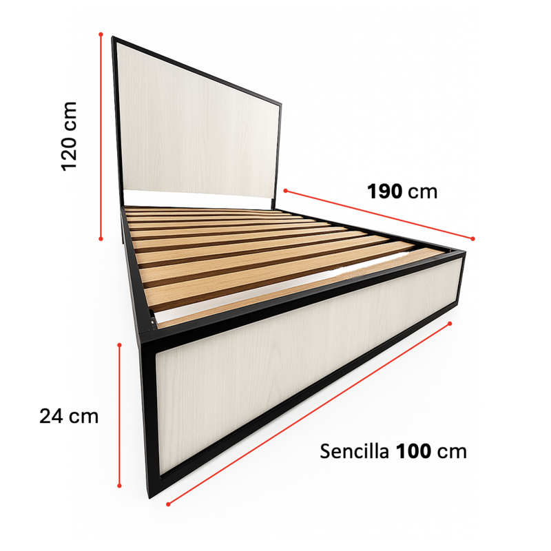 Cama Sencilla Metal Madera Agata Gris 100 x 190 x 24