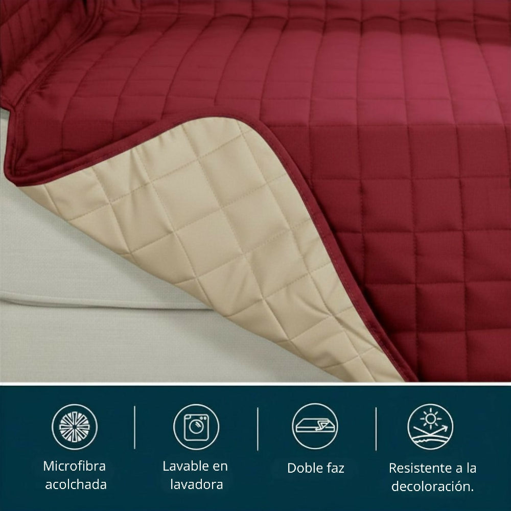 Protector de Sofá 3 Puestos Acolchado Doble Faz Unicolor Vino Tinto y Camel