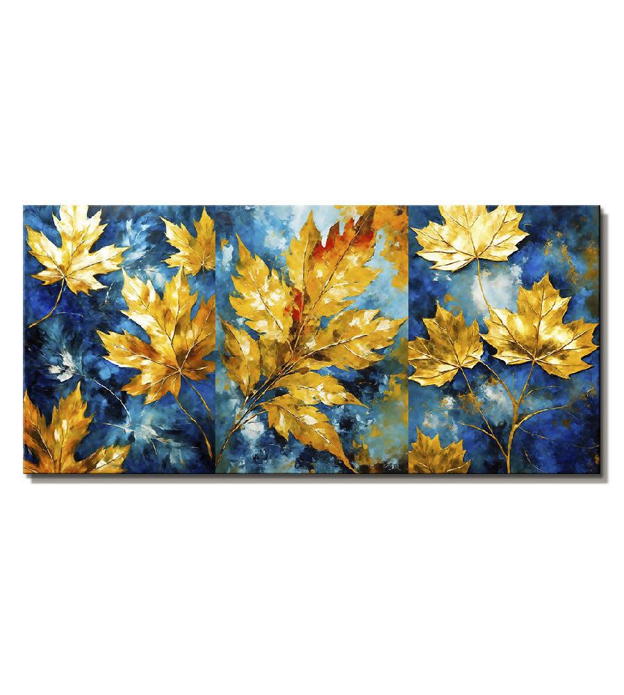 Lienzo Arte Abstracto Estilo Óleo Plantas Dorado Y Azul 118x55cm