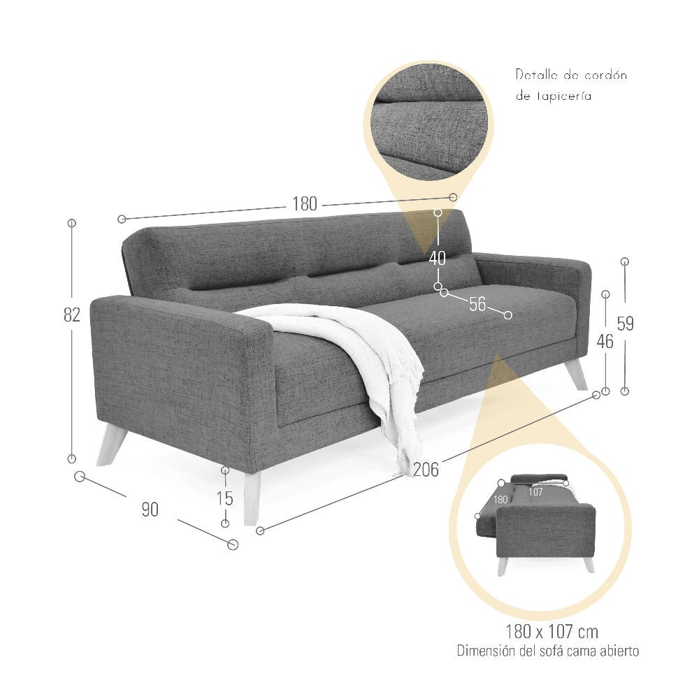 Sofa Cama Sion 206x90x82 Reclinable Tela Azul