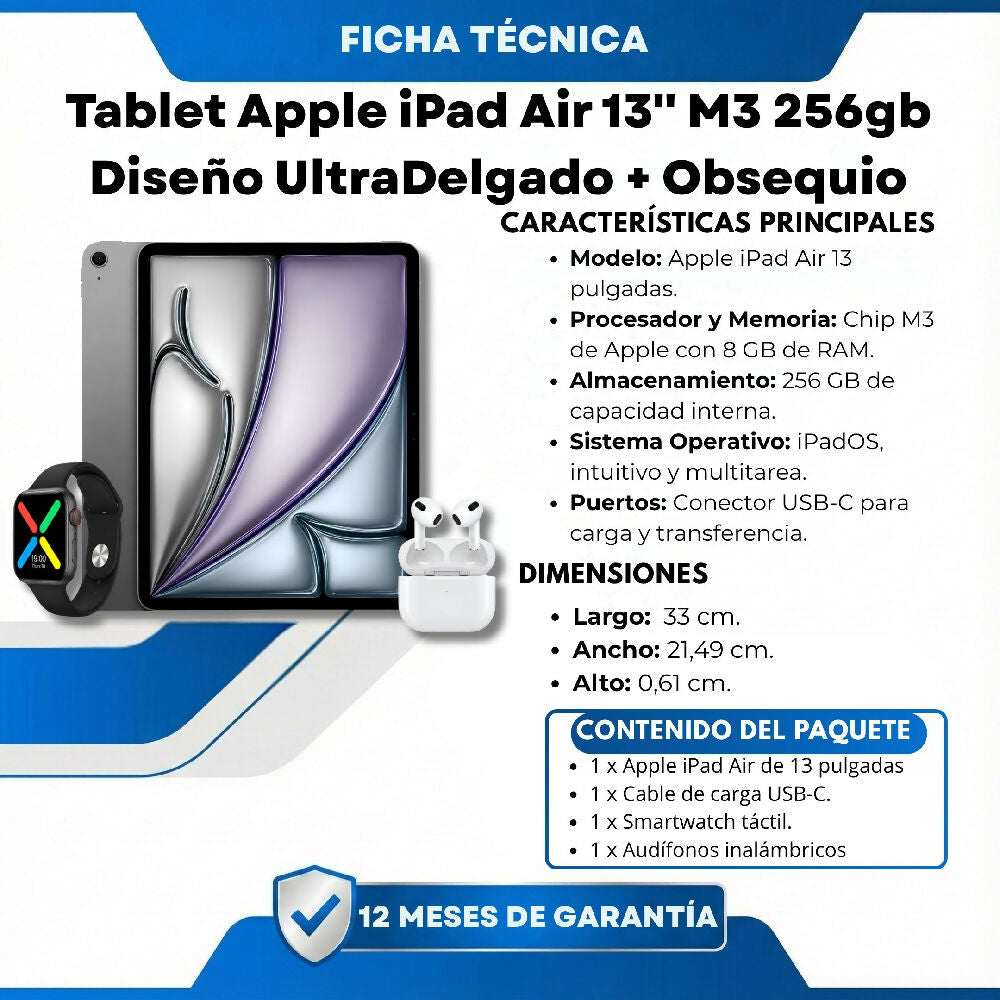 Tablet Apple iPad Air 13'' M3 256gb Diseño UltraDelgado Gris + Obsequio