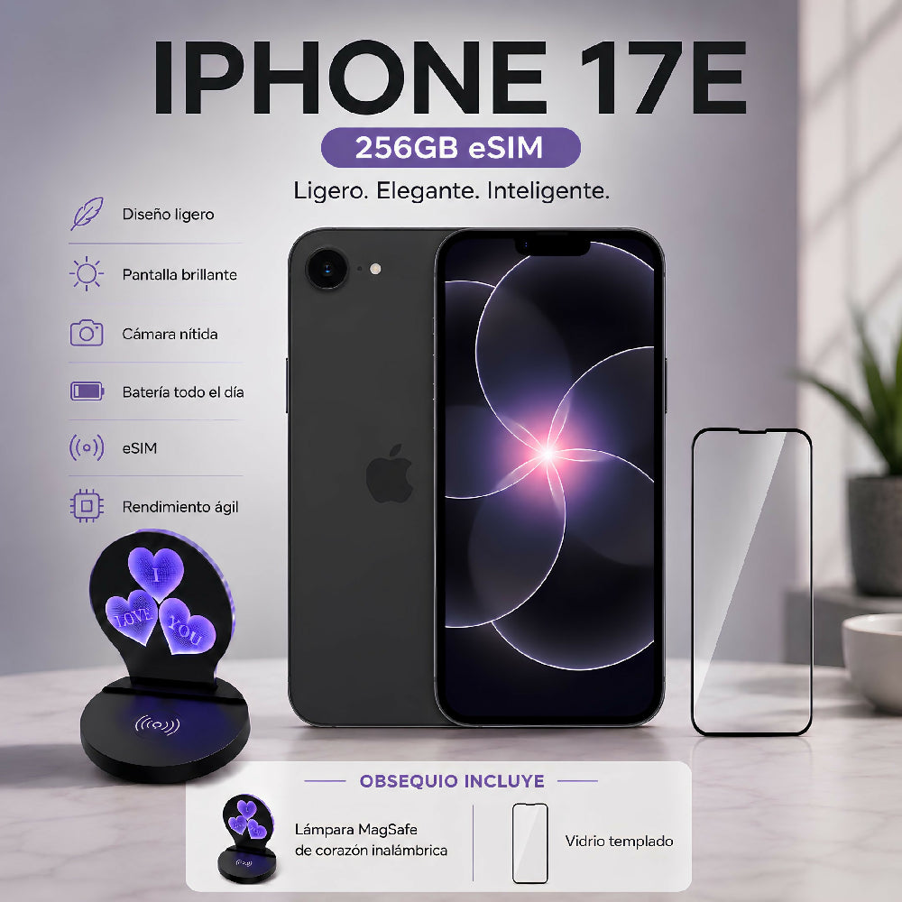 Celular Apple IPhone 17e 256gb ESim + Obsequio Lámpara Corazón 3D MagSafe Y Vidrio Negro