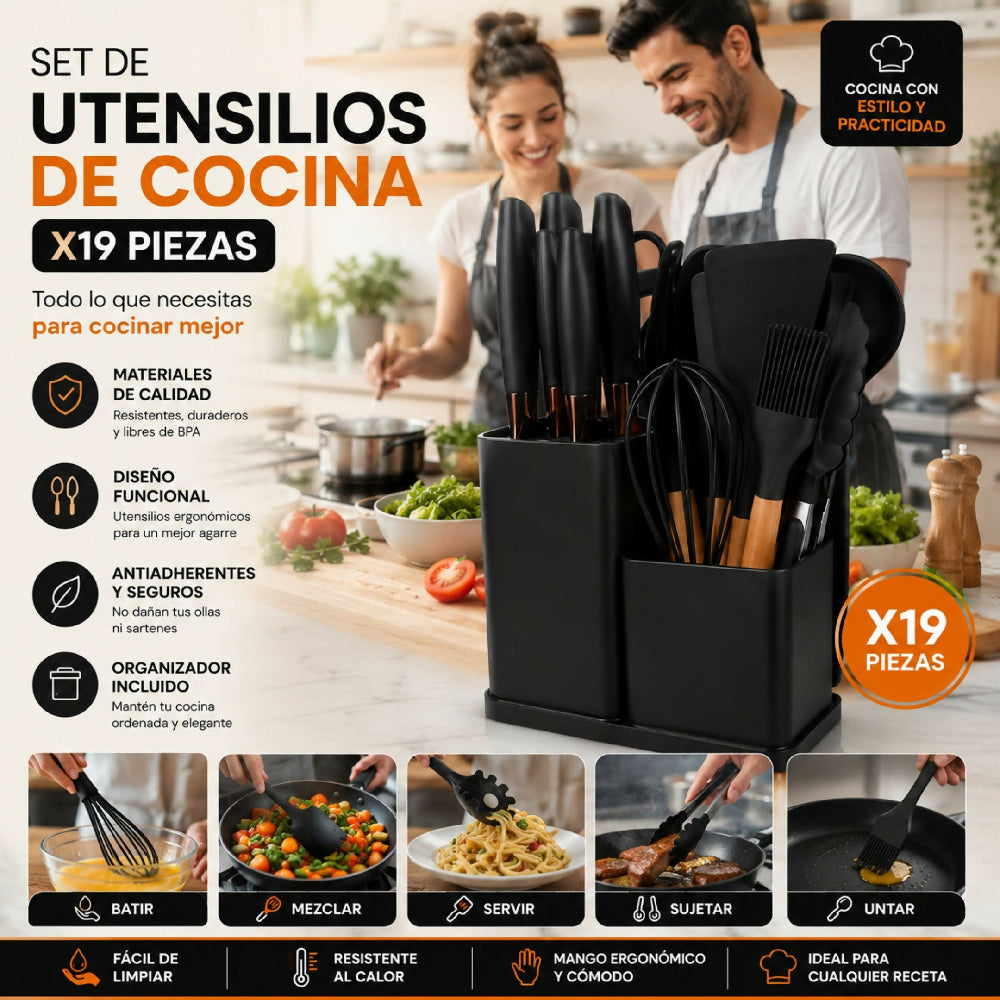 Set De Utensilios Y Cuchillos De 19 Piezas Silicona Antiadherente Y Acero Inoxidable Negro